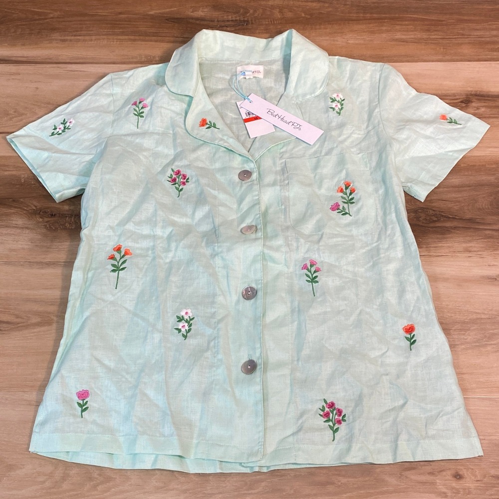 BedHead Pajama Top Womens XS Short Sleeve Linen Shell Button Floral Embroidery